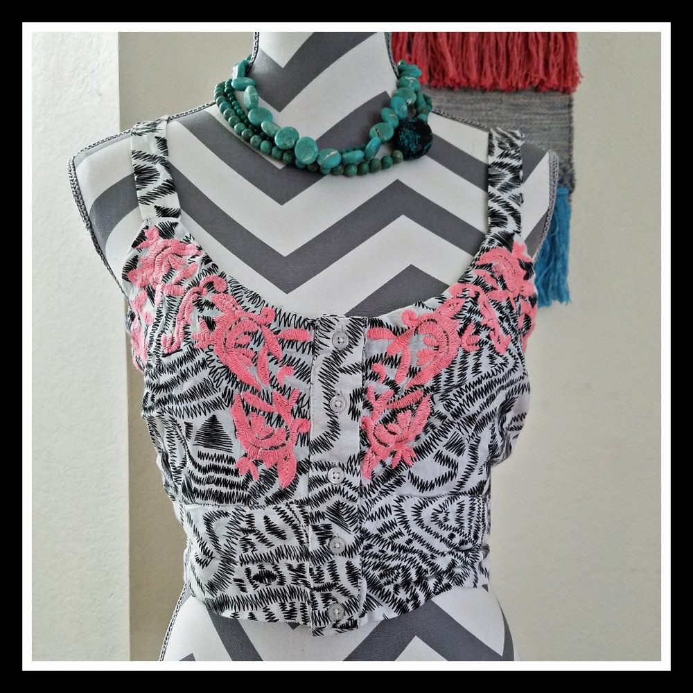 Button up Crop Top with Embroidered Neon Accents